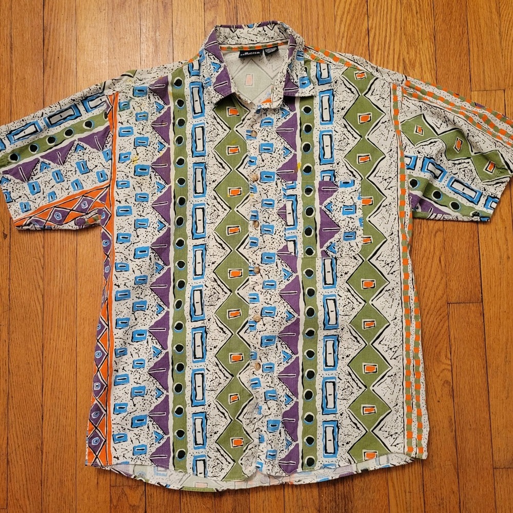 Bon Homme Crazy Vintage Abstract Print Button Up Shirt M USA Retro Artsy Bold - Picture 1 of 6